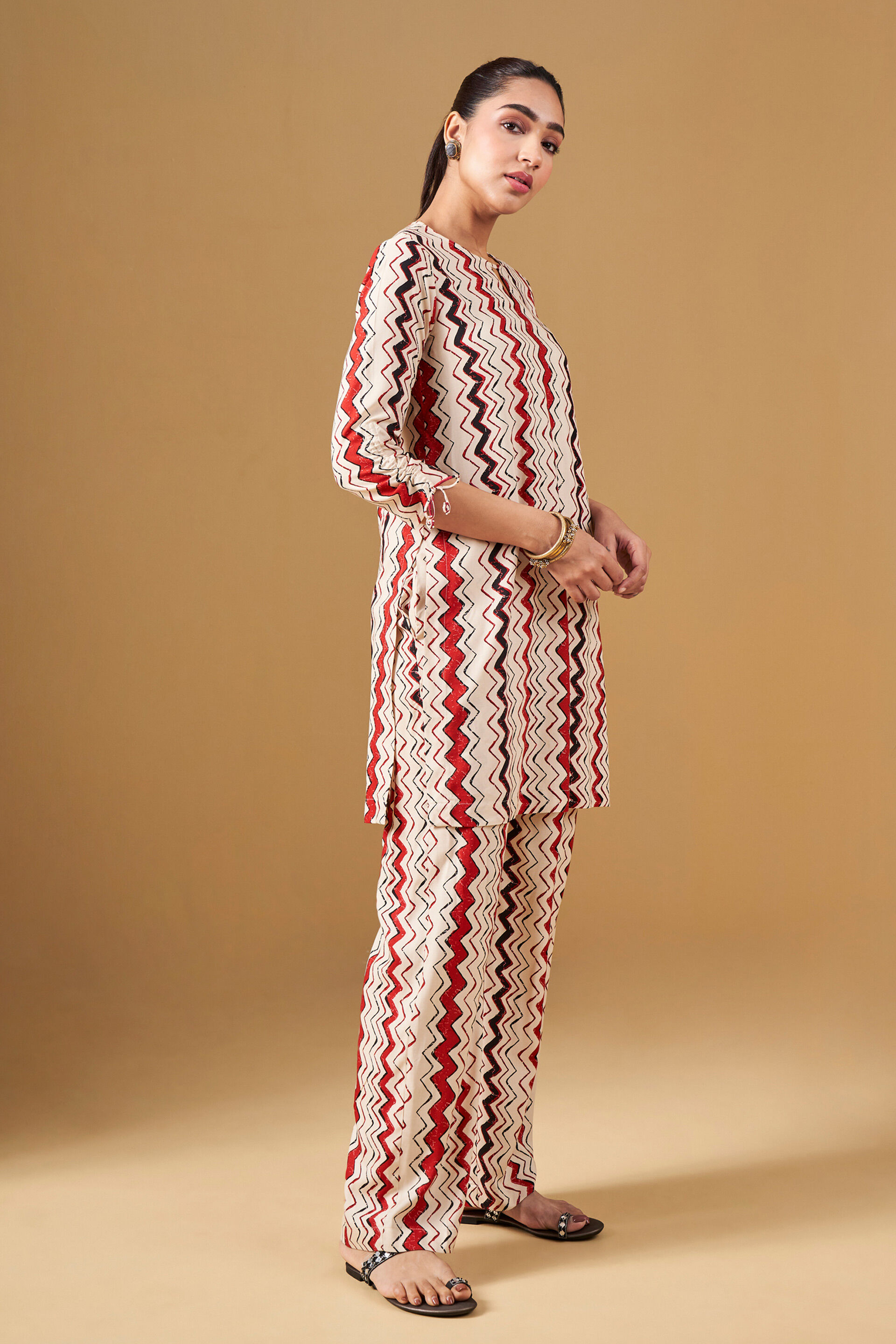 Geometric Print Viscose Kurta Set, Off White, image 3