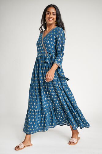 4 - Teal Floral Printed Fit And Flare Dress, image 4