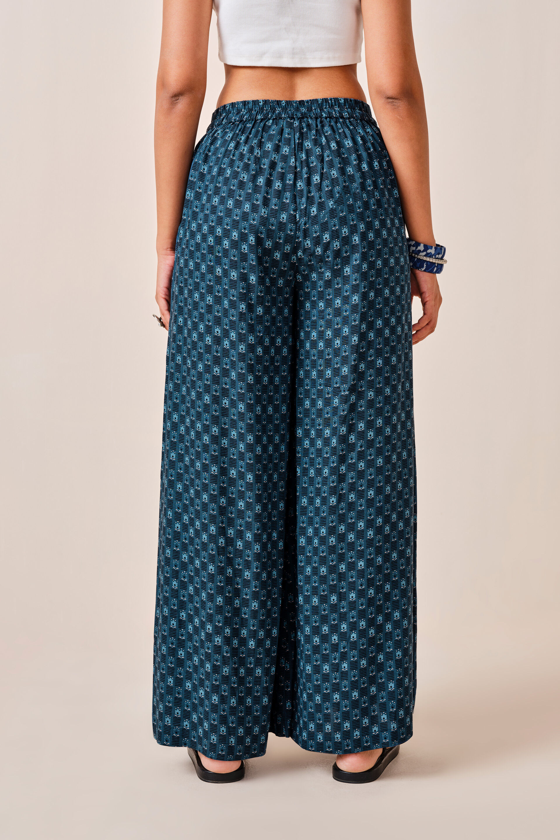 Indigo Chevron Print Viscose Flared Pants, Indigo, image 4