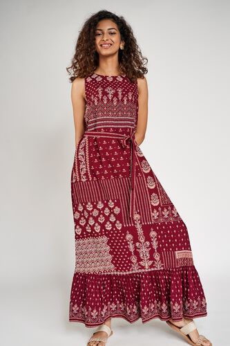 2 - Maroon Floral Printed Fit And Flare Dress, image 2