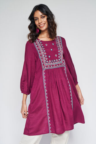 Casual Round Neck Tunic, Wine, image 2