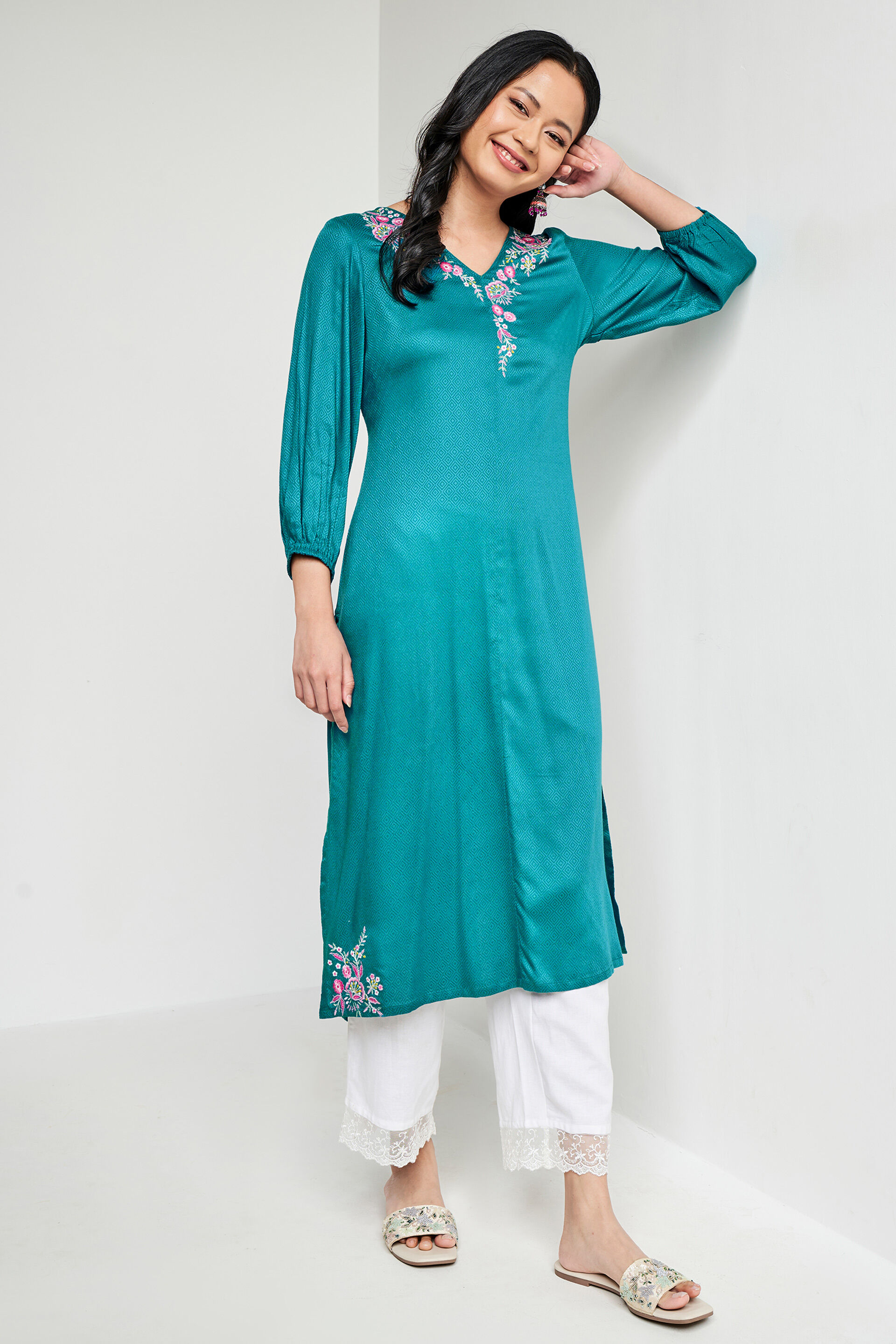 Teal Ethnic Motifs Straight Kurta, Teal, image 3
