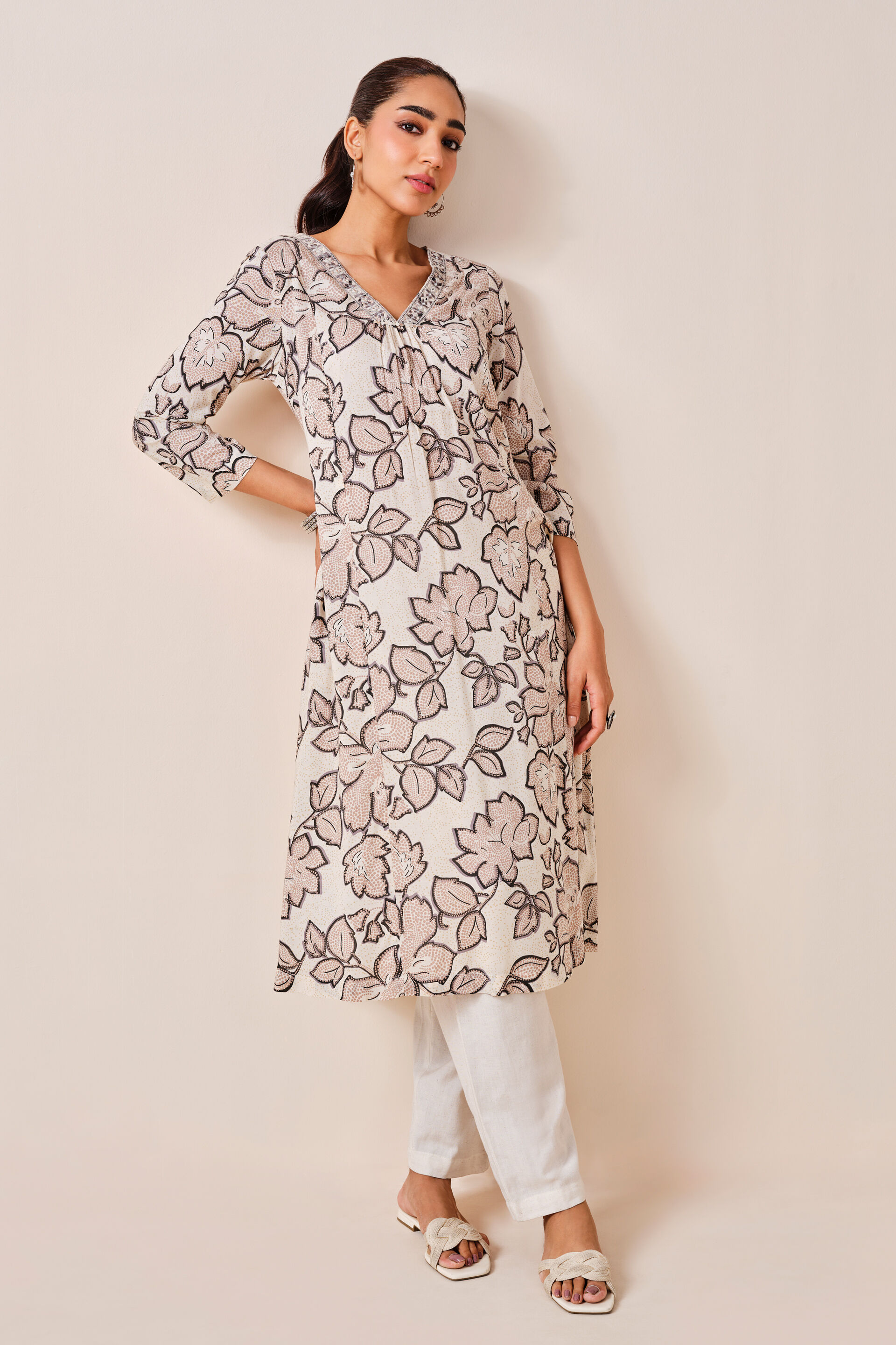 Off White Floral Print Viscose Kurta, Off White, image 7