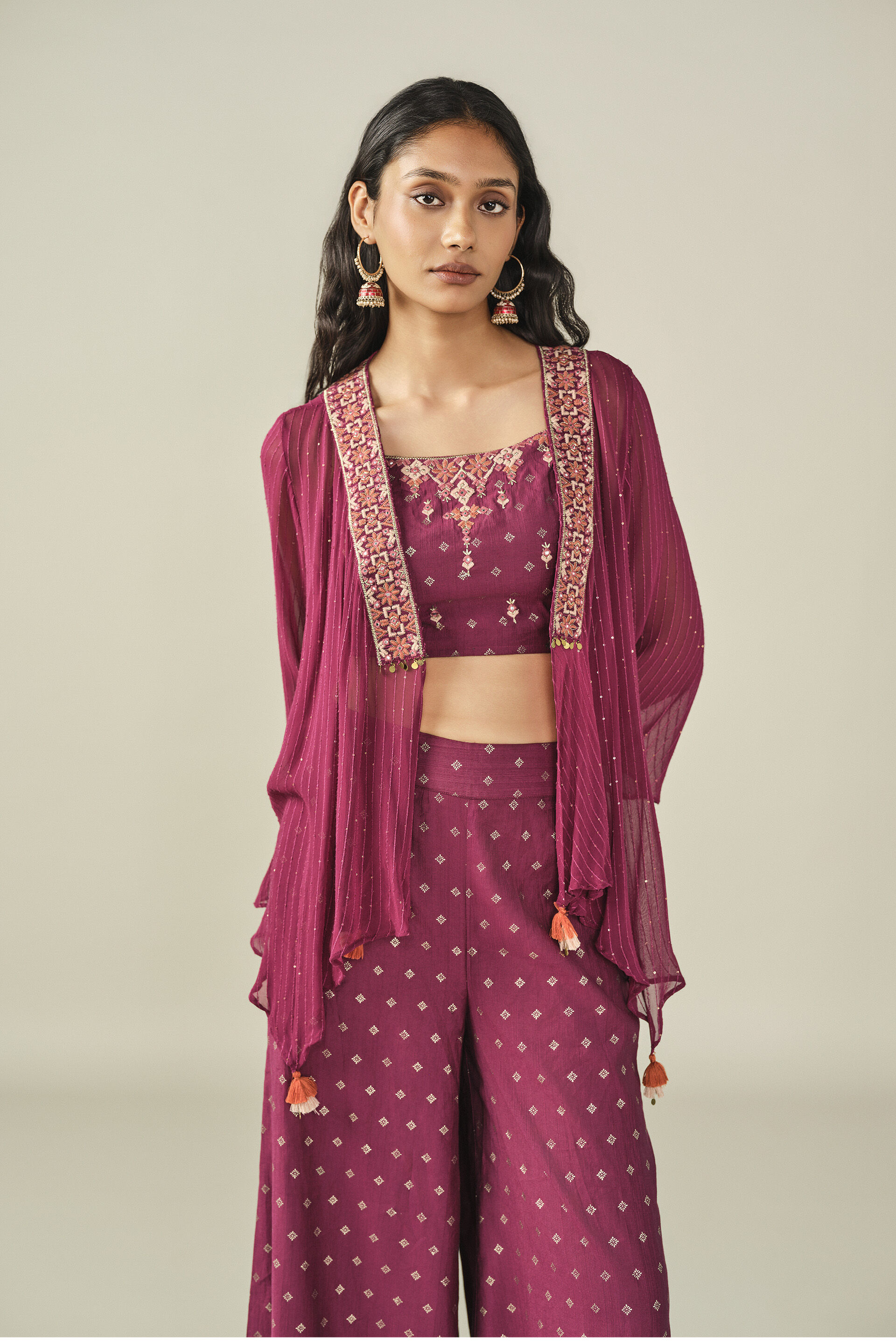 Embroidered Shrug Set in Wine, Wine, image 3