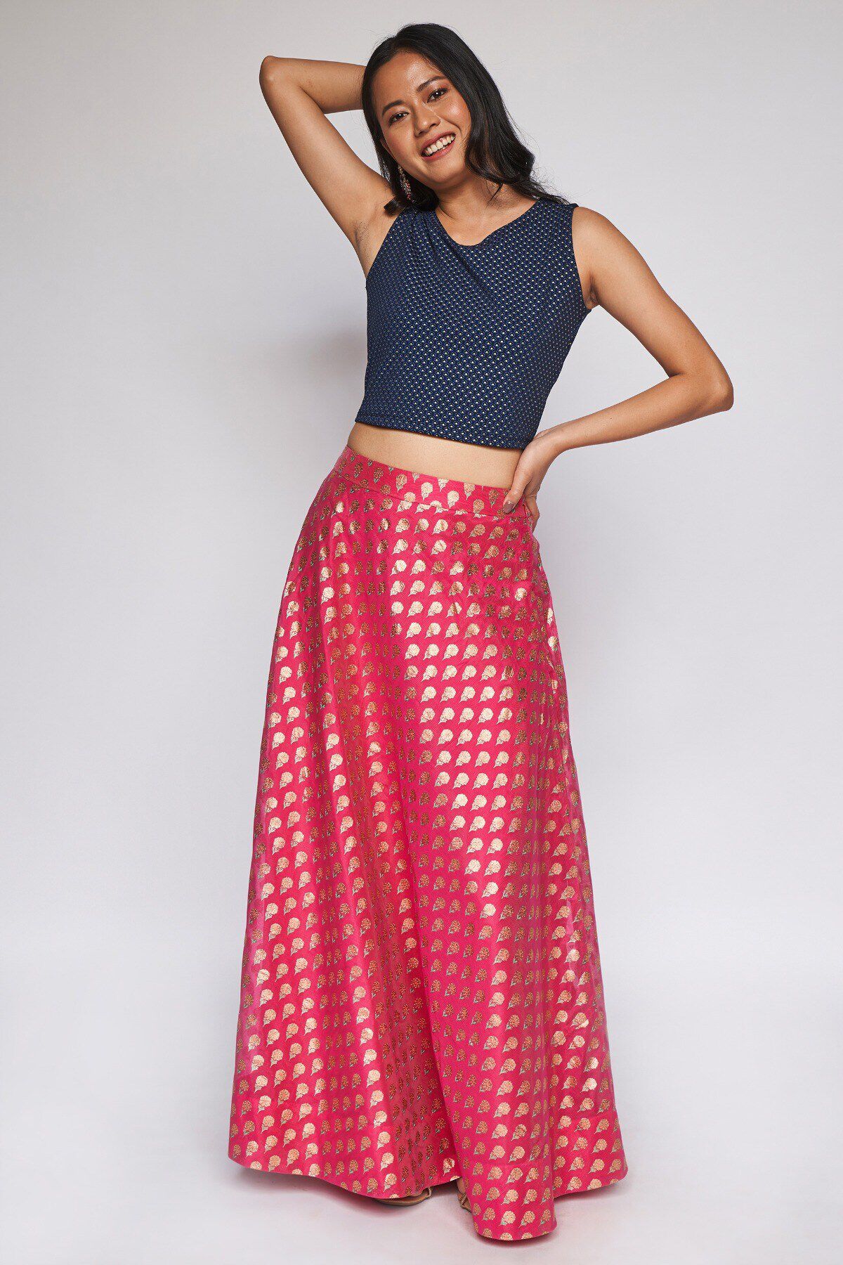 Pink Ethnic Motifs Flared Skirt 
