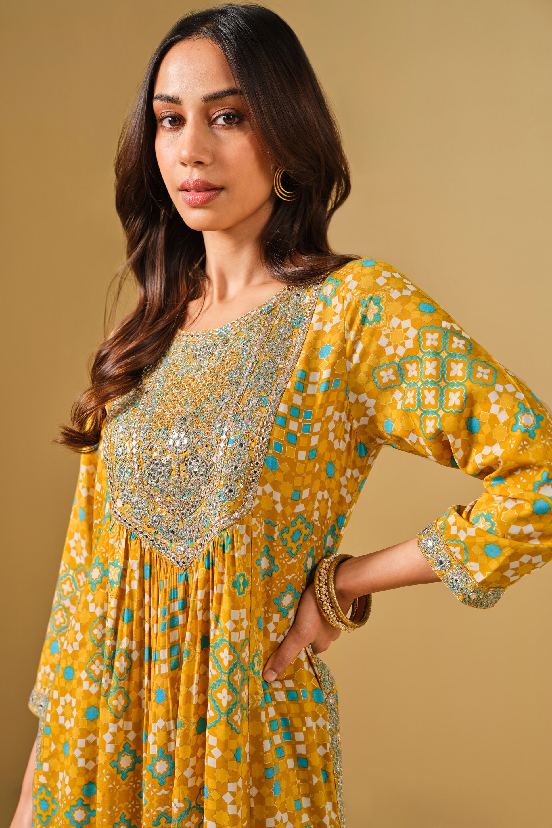Embroidered Yellow Viscose Kurta Set, Mustard, image 7