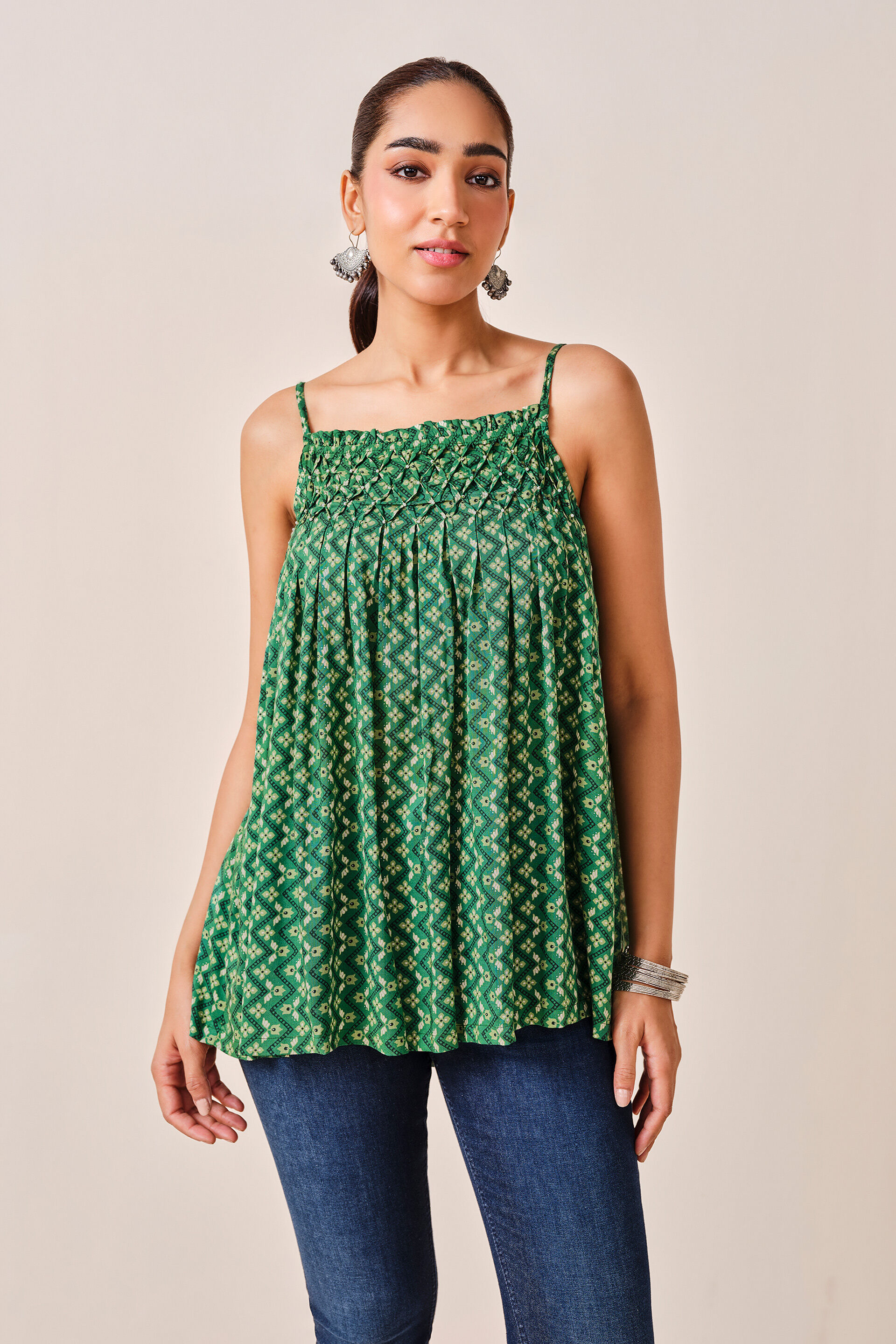 Green Geometric Print Top, Green, image 4