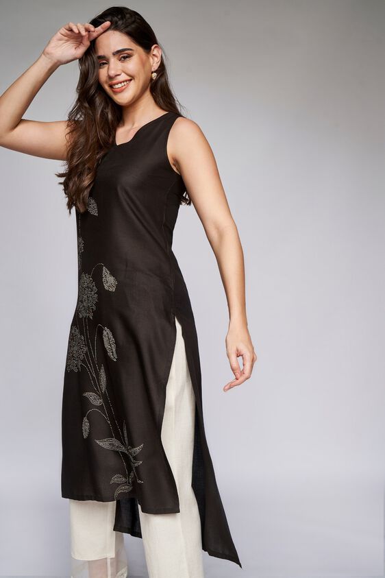 3 - Black Floral Straight Kurta, image 4