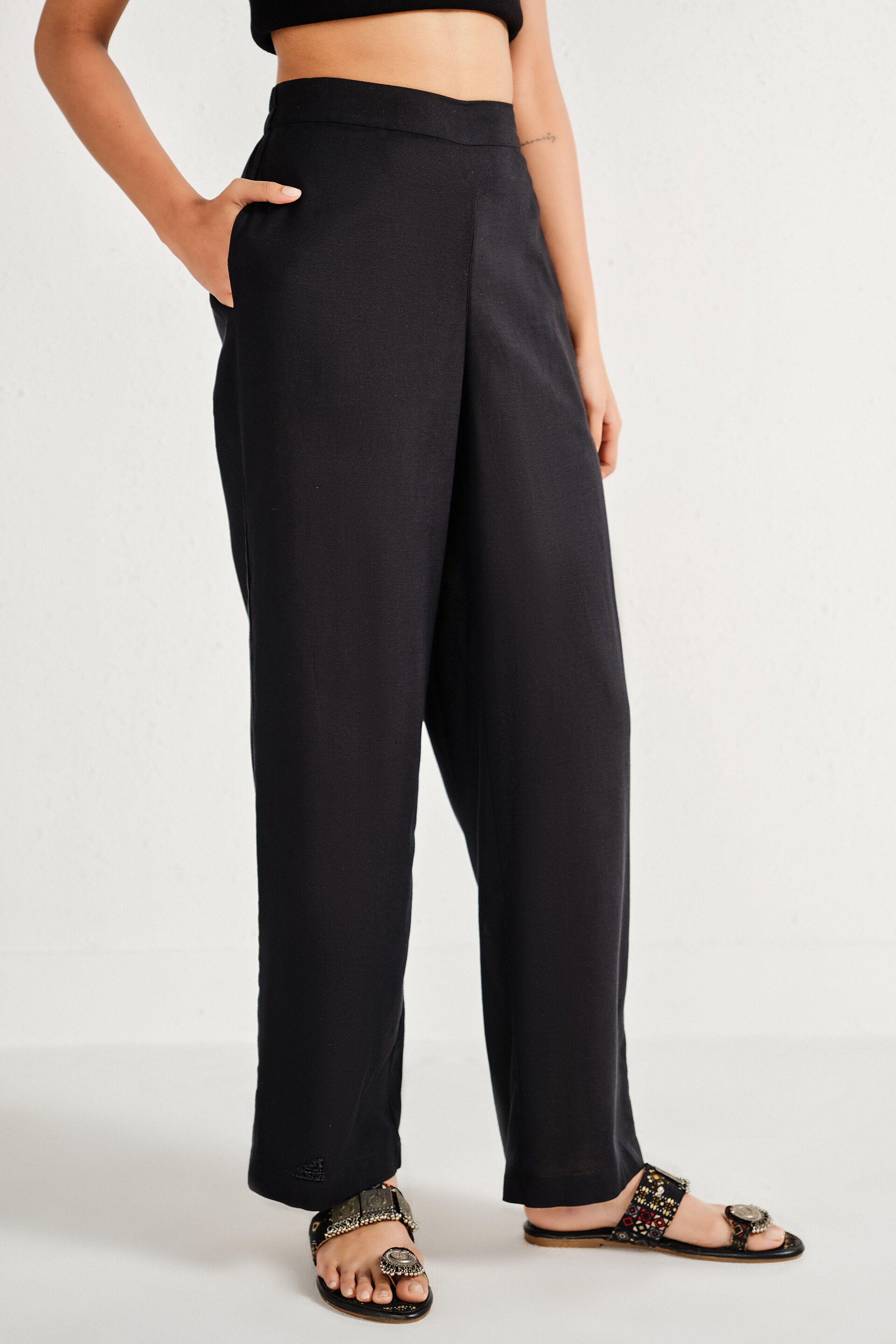Black Linen-Blend Narrow Pants, Black, image 2