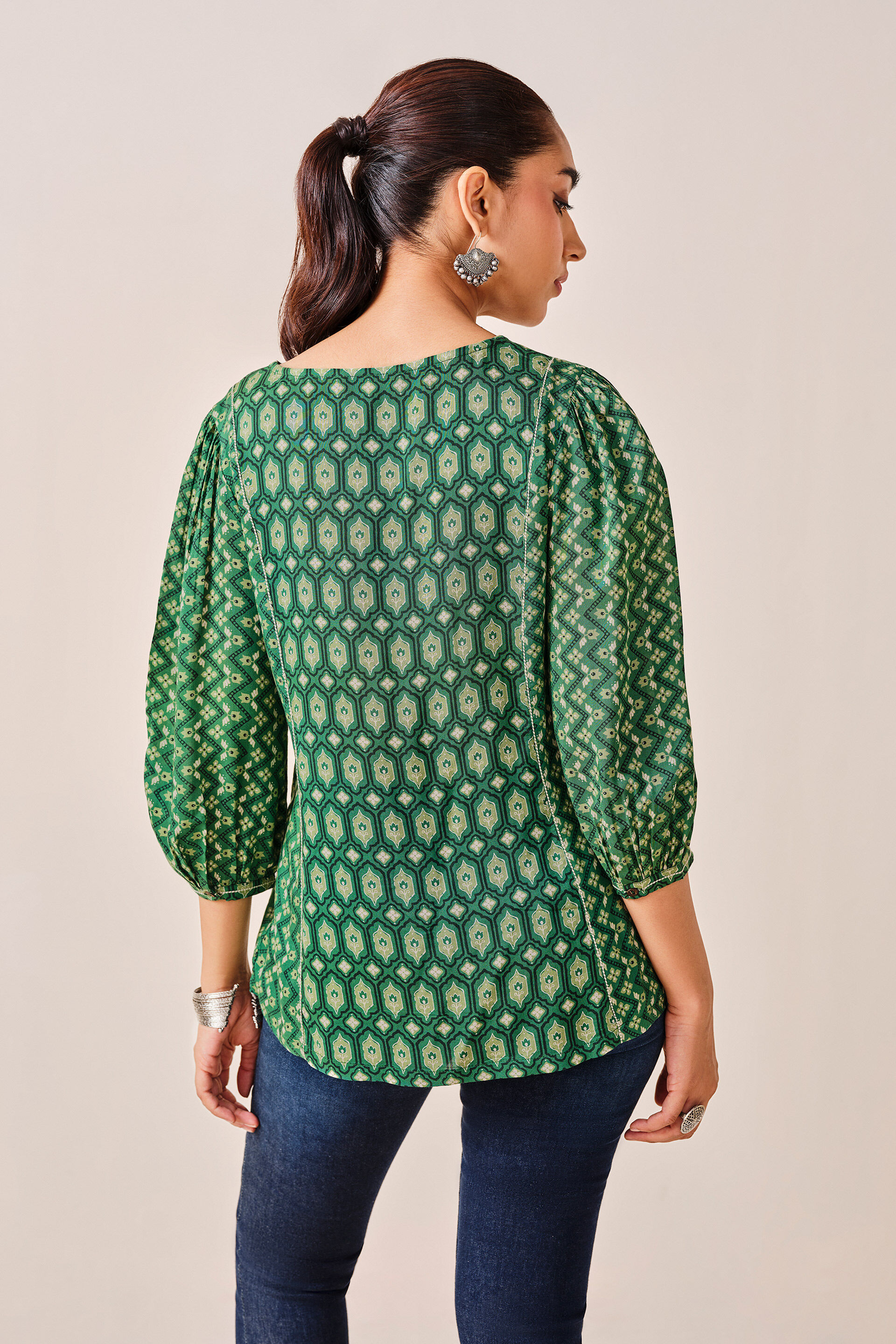 Green Floral Print Viscose Top, Green, image 6