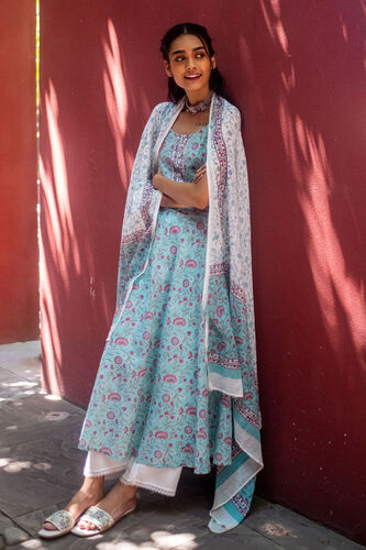 Aqua Ethnic Motifs Suit Set, Aqua, image 1