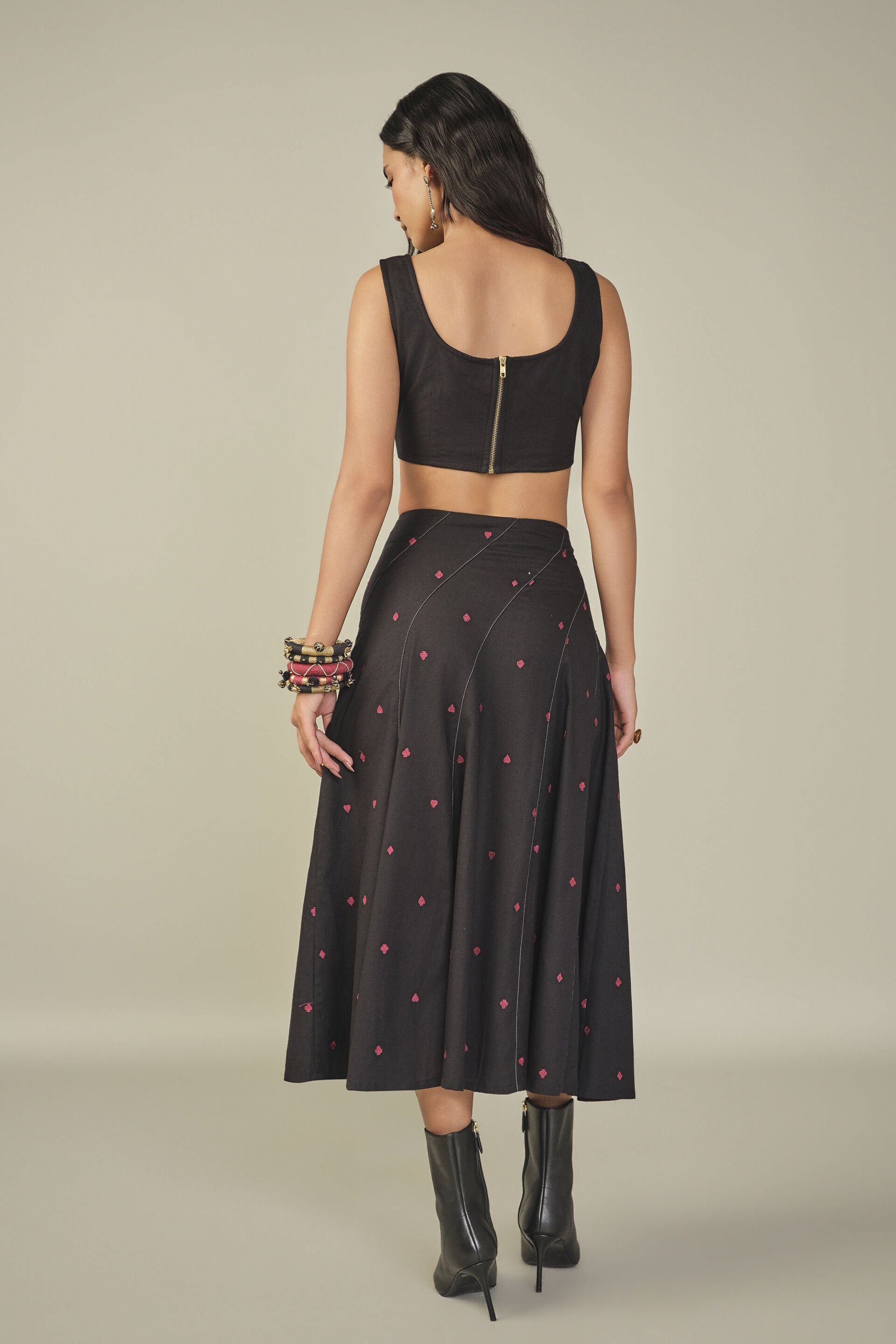 Embroidered Skirt Set in Black, Black, image 6