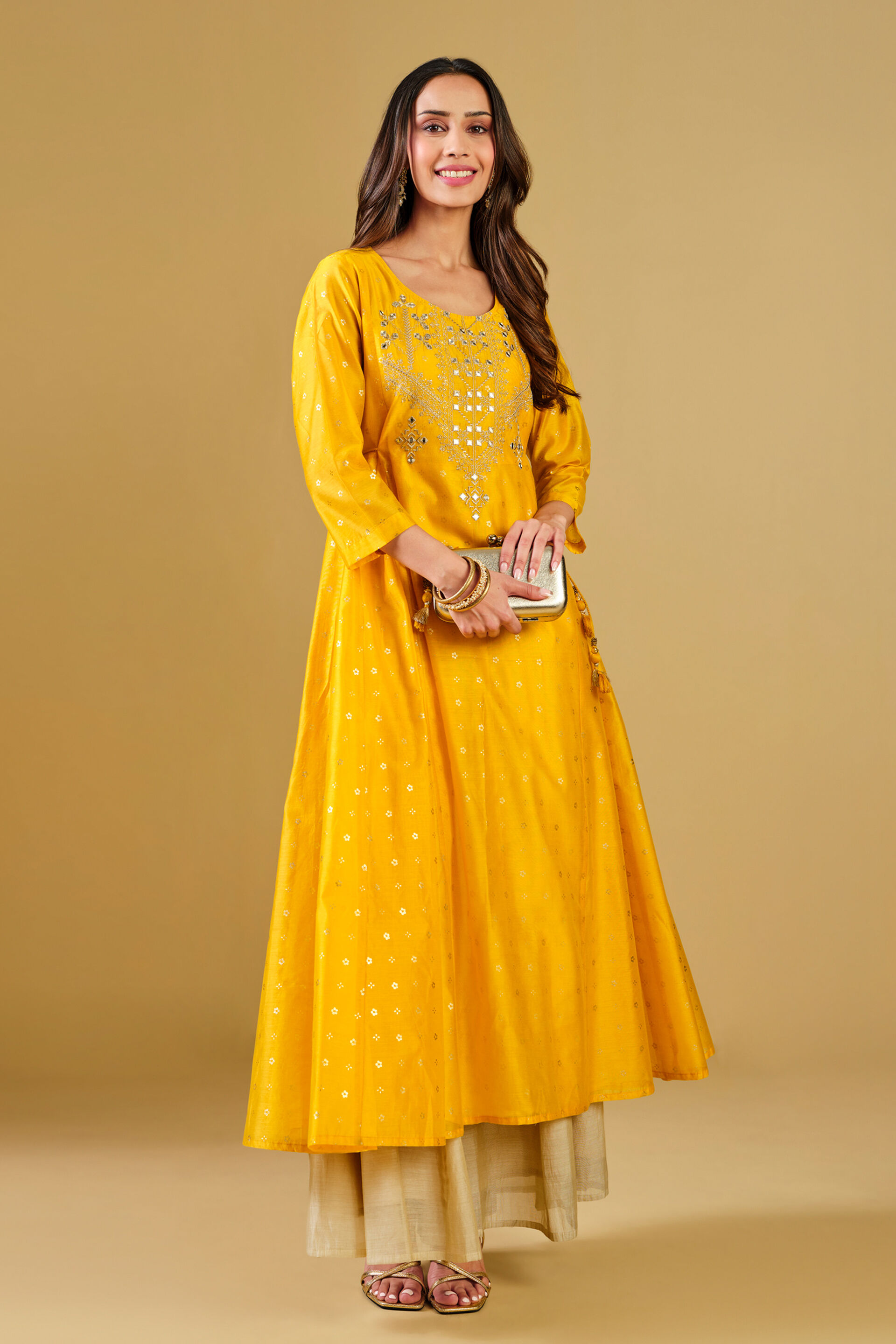 Yellow Viscose Blend Flared Kurta, Yellow, image 3