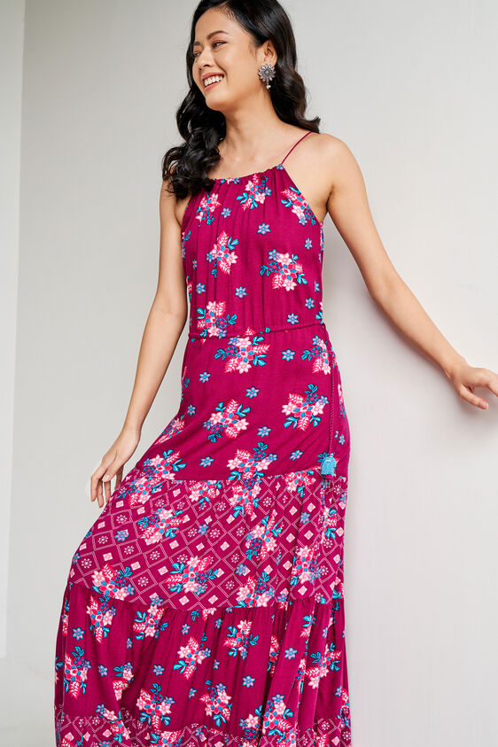 Wine Floral Flared Gown, Wine, image 1