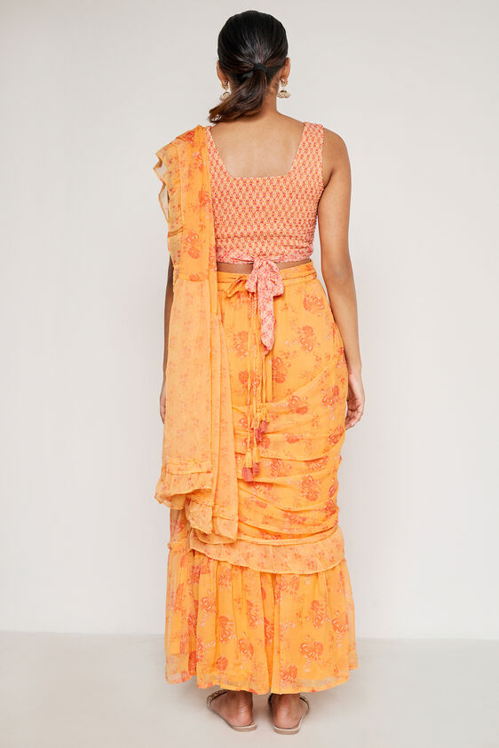 Orange Floral Fit & Flare Stitched Saree, Orange, image 5
