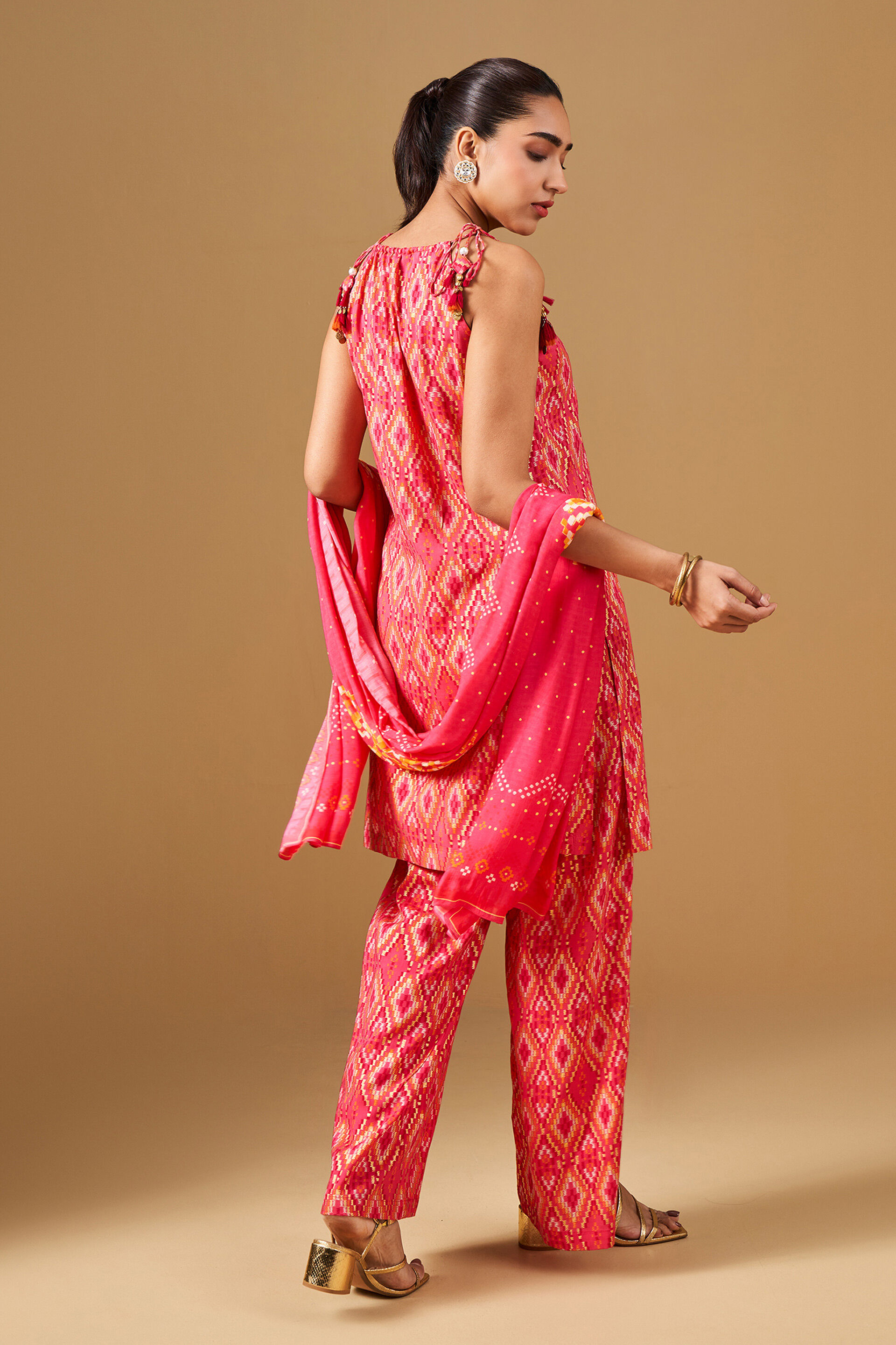 Pink Geometric Print Viscose Kurta Set, Pink, image 6
