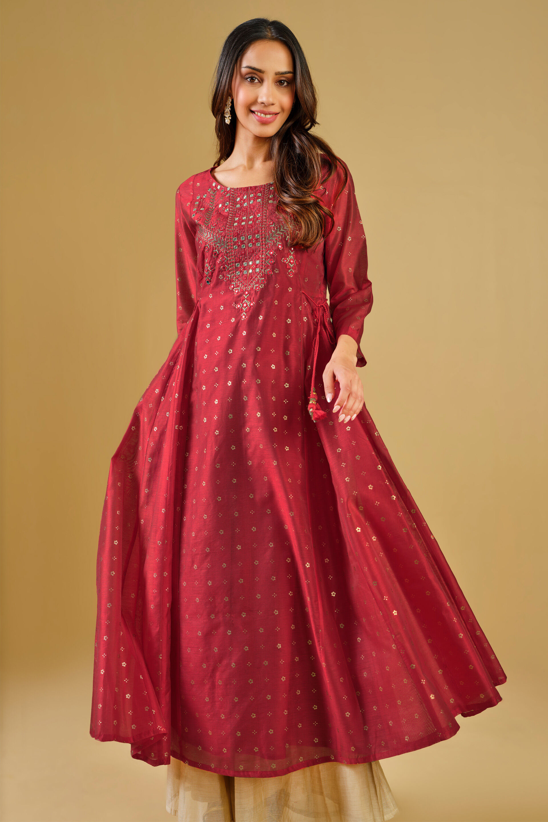 Red Viscose Blend Flared Kurta, Red, image 6