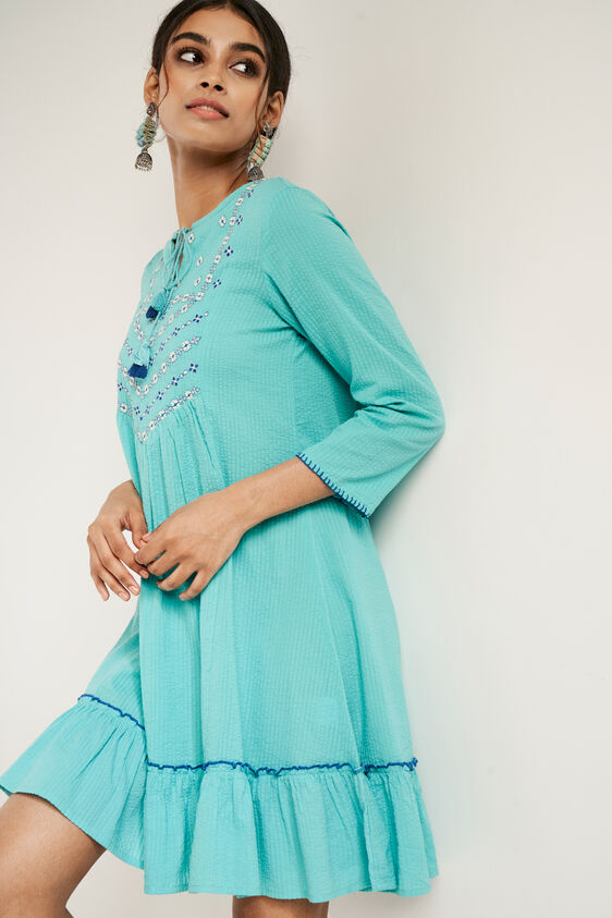 Aqua Solid Flared Dress, Aqua, image 3