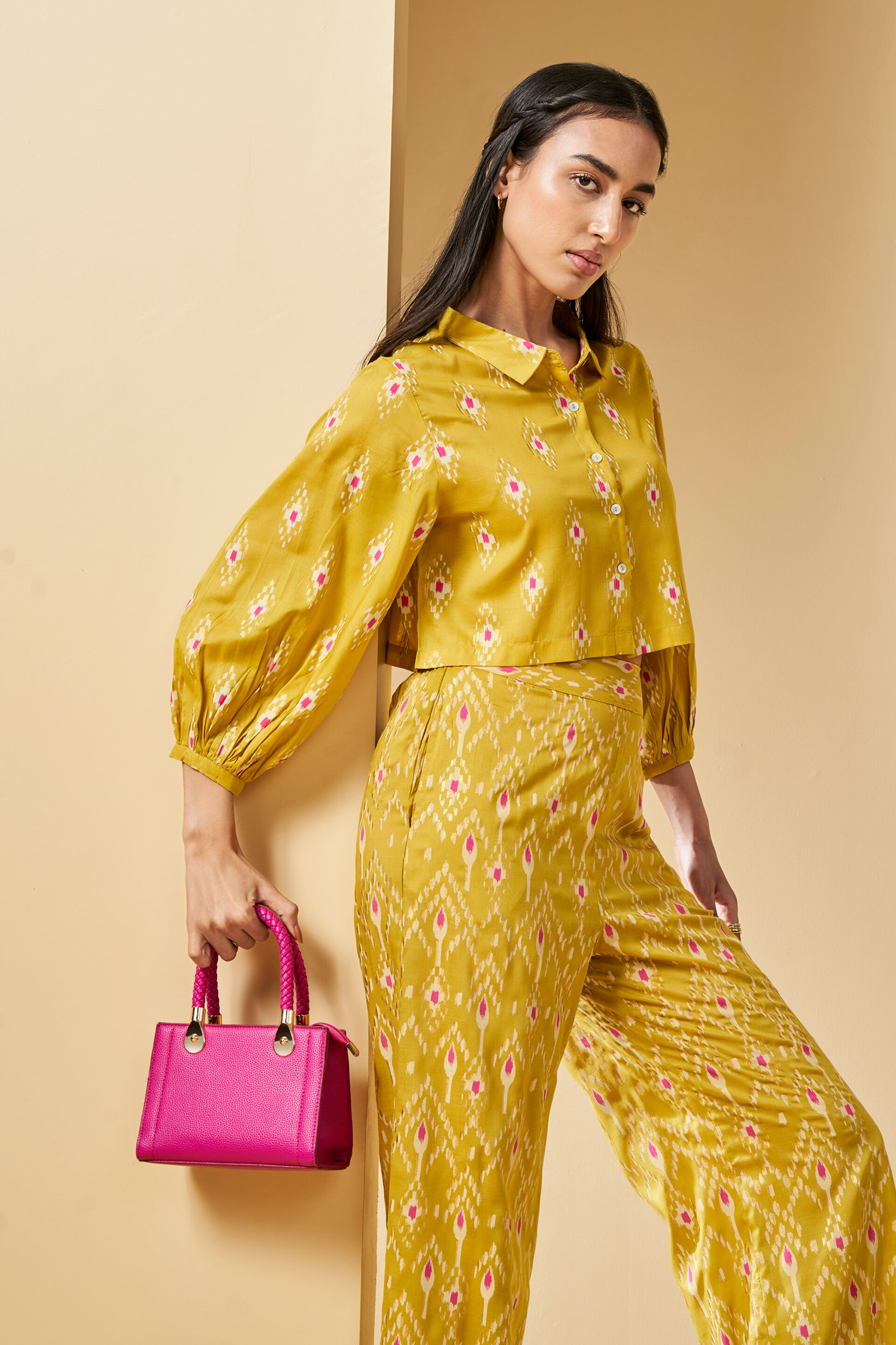 Crop top Ikat inspired co-ord set, Mustard, image 3