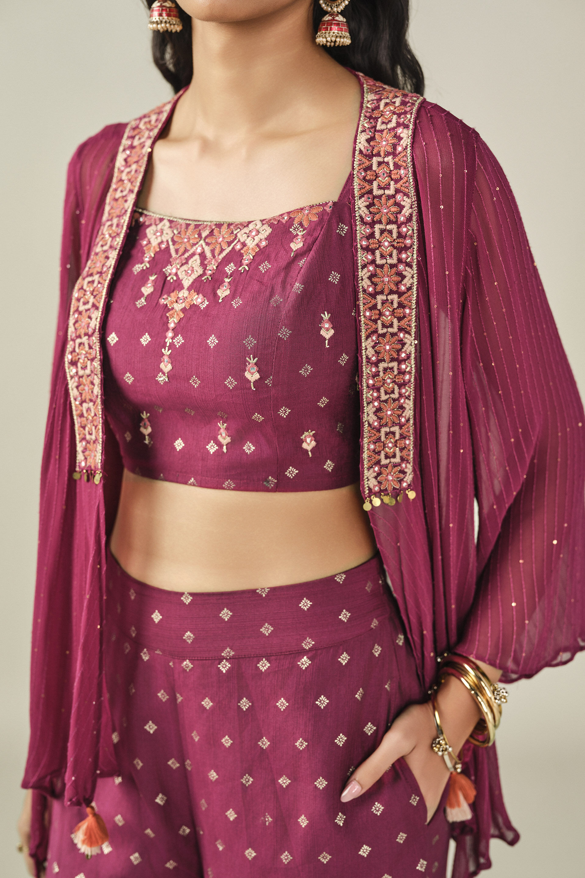 Embroidered Shrug Set in Wine, Wine, image 2