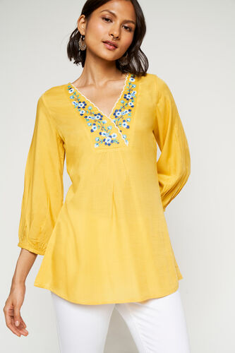 Yellow Solid Embroidered Straight Top, Yellow, image 2