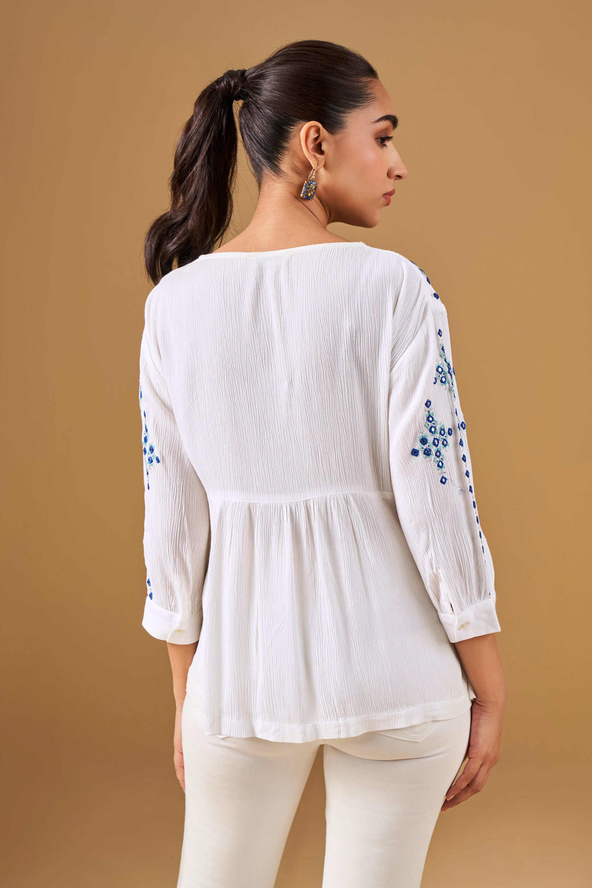 White Mirror Embroidery Viscose Top, Off White, image 3