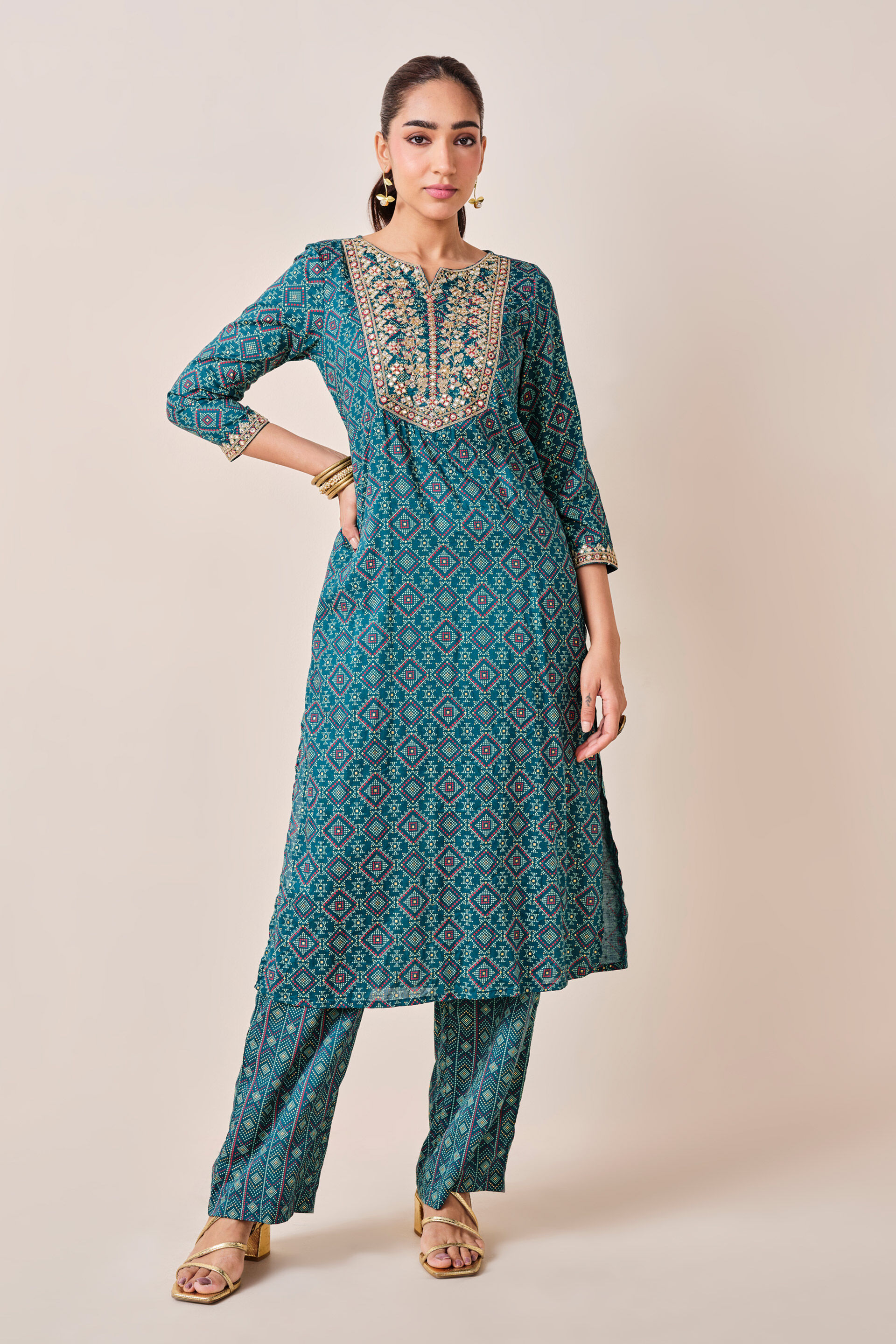 Teal Embroidered Viscose Kurta Set, Teal, image 2