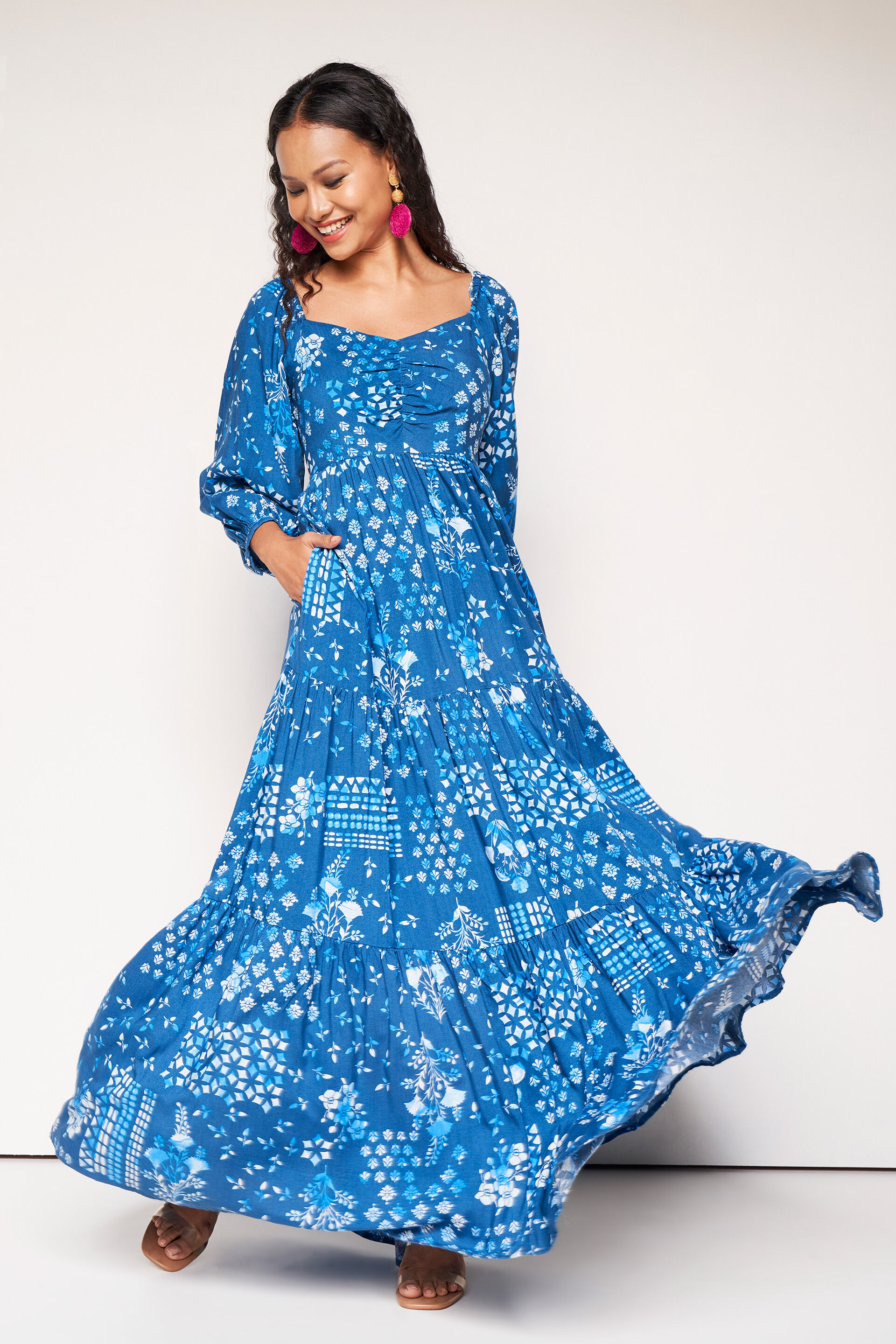 Buy Gulbahar Tiered Maxi Dress Online In India at Global Desi  FW23GA205MXRY_Indigo