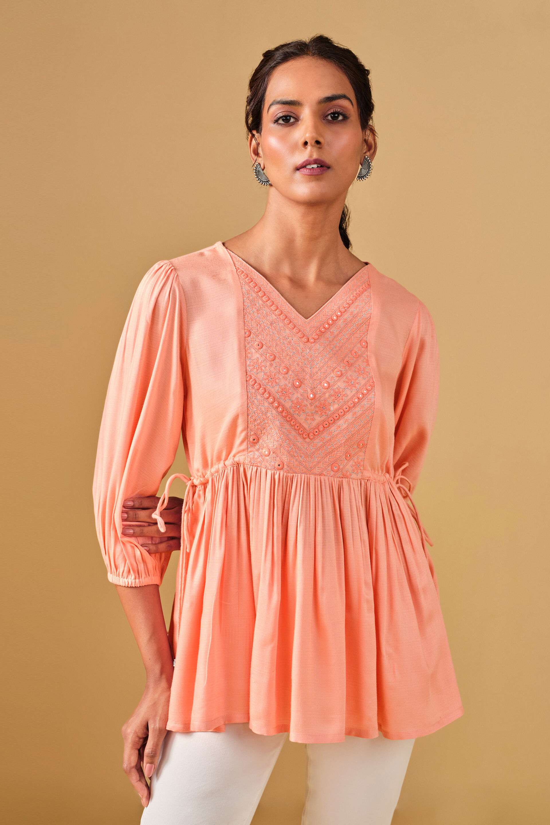 Embroidered Cotton Peach Top, Peach, image 3