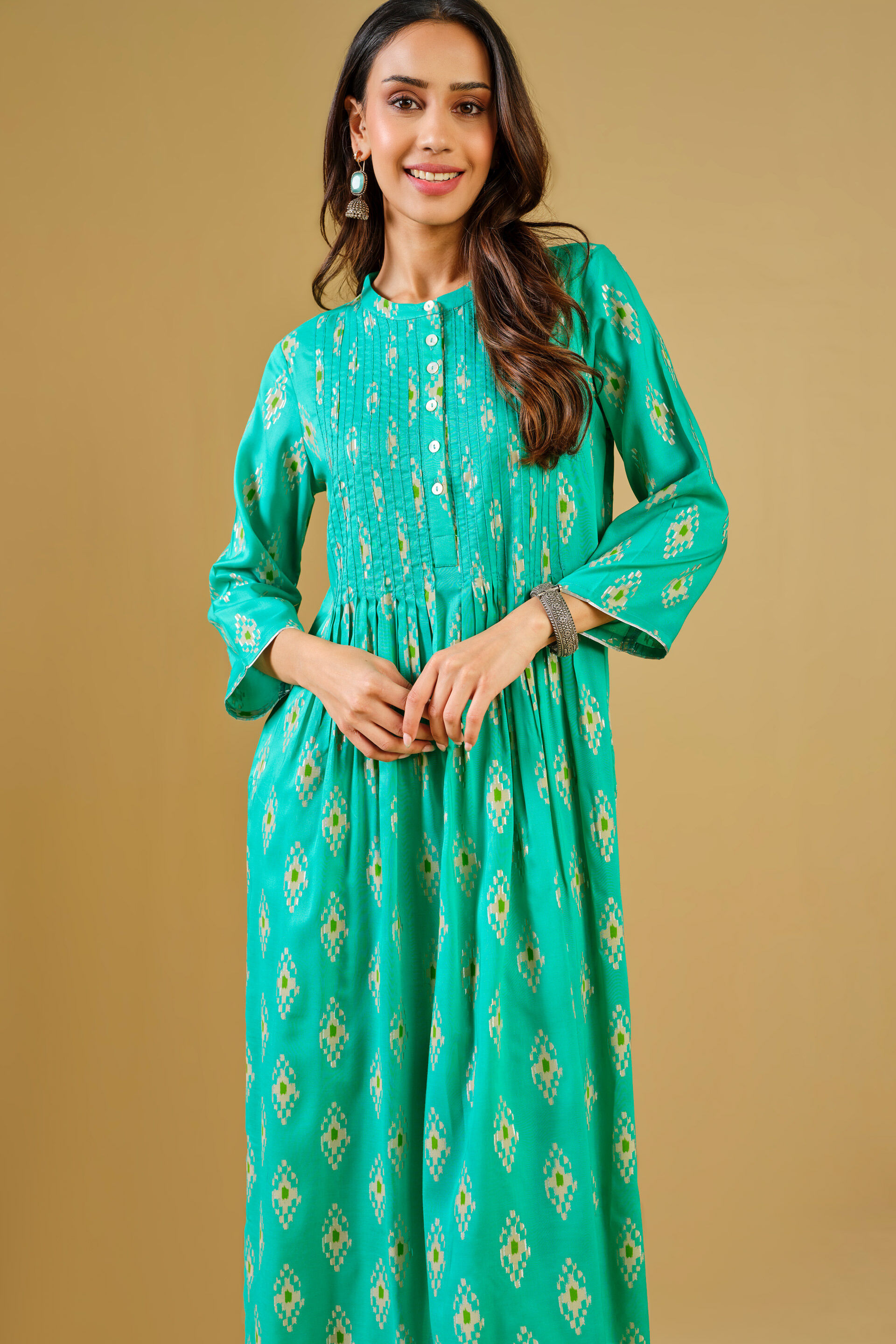 Ethnic Motif Aqua Viscose Kurta Set, Aqua, image 3