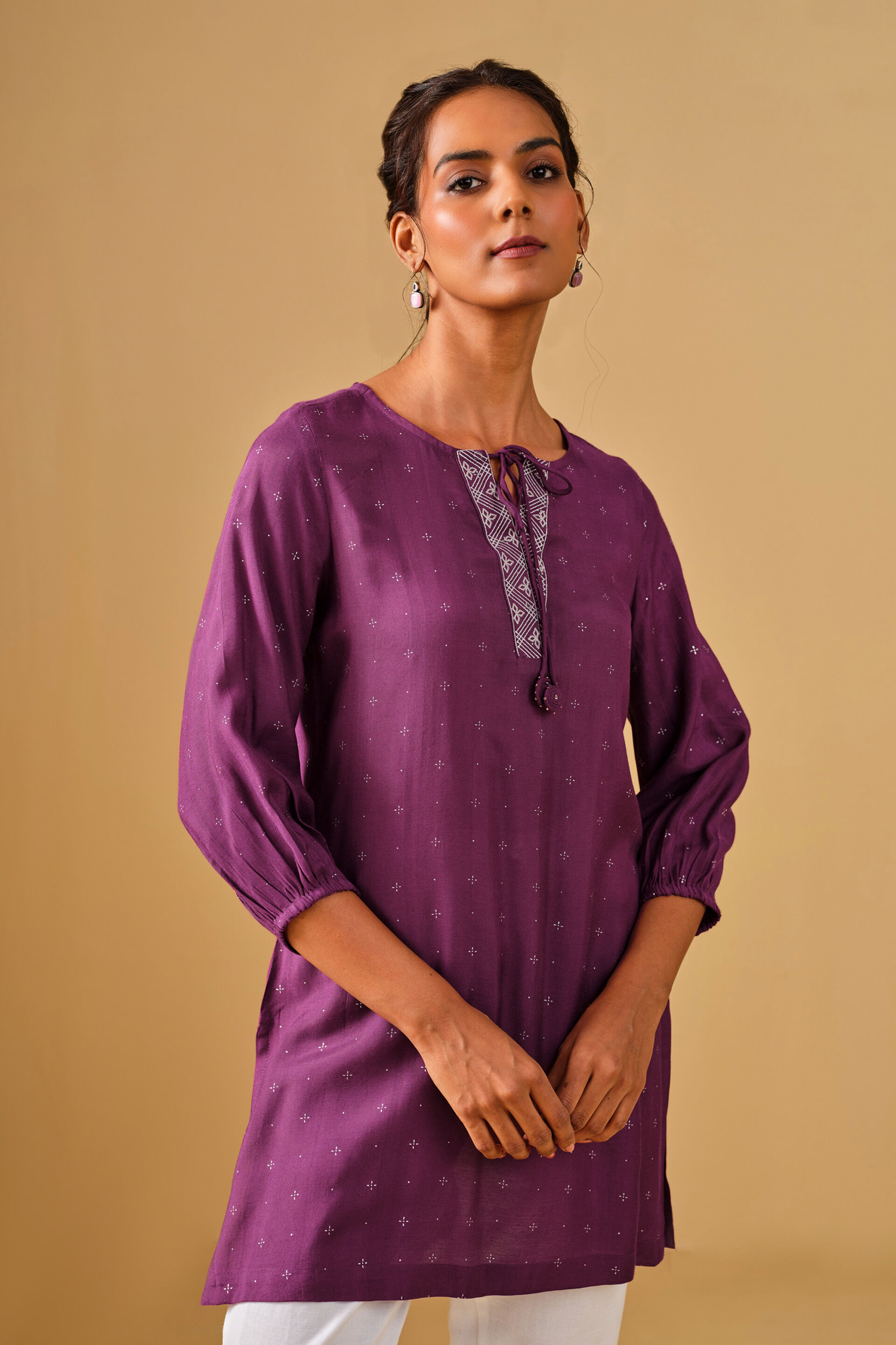 Embroidered Viscose Wine Tunic, Wine, image 3
