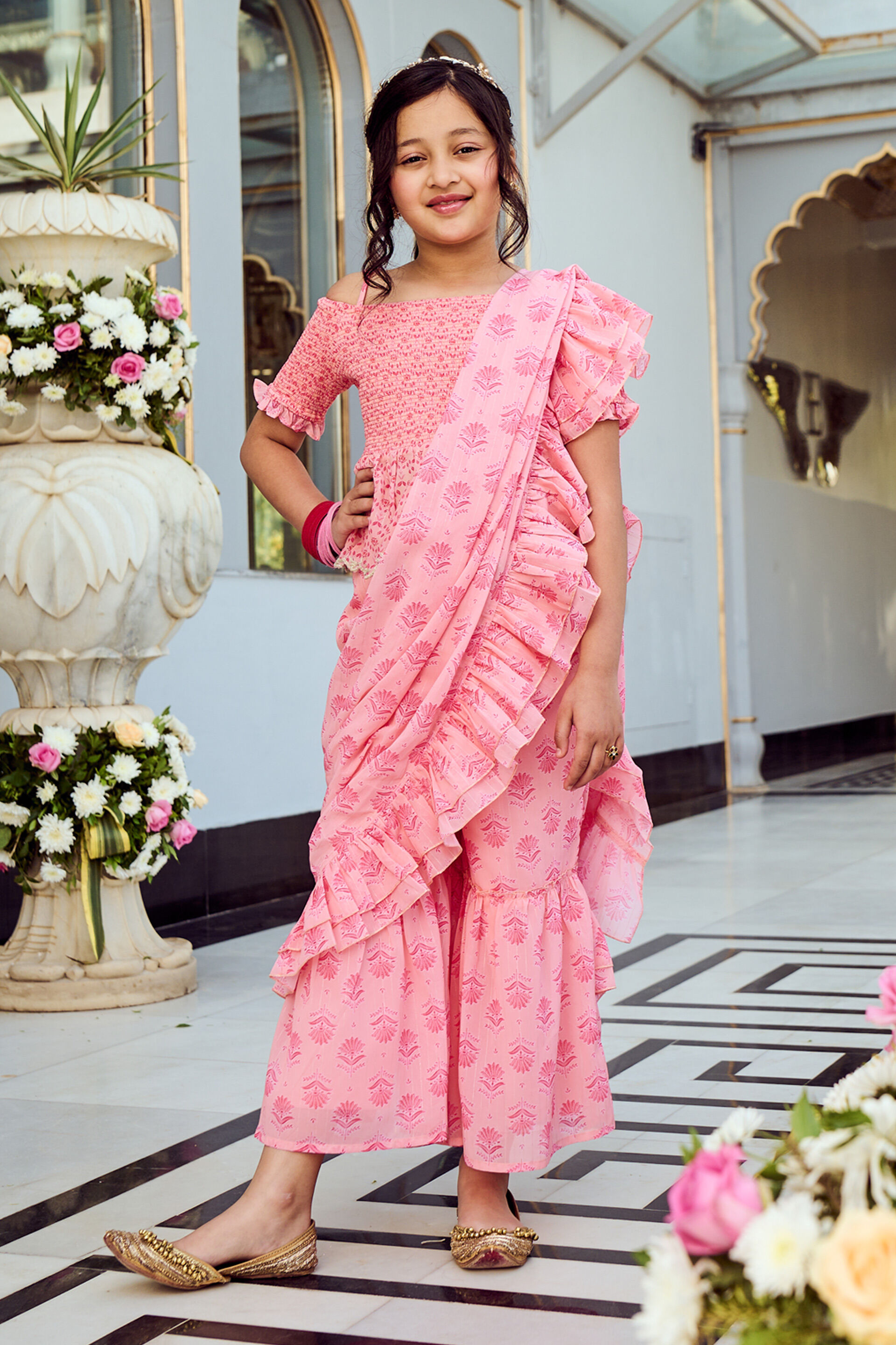Buy Pink Smocking Floral Stitched Saree Online at Best Price at Global Desi SS22GKR292SSPG