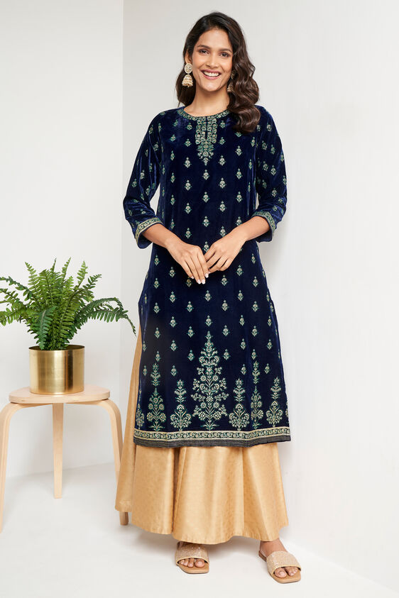 Navy Blue Foil Print Straight Slip-On Kurta, Navy Blue, image 3