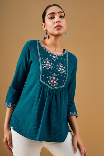Floral Embroidered Teal Top, Teal, image 3