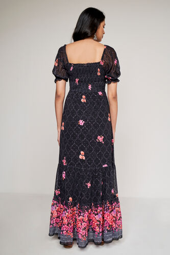 Black Floral Flared Gown, Black, image 3