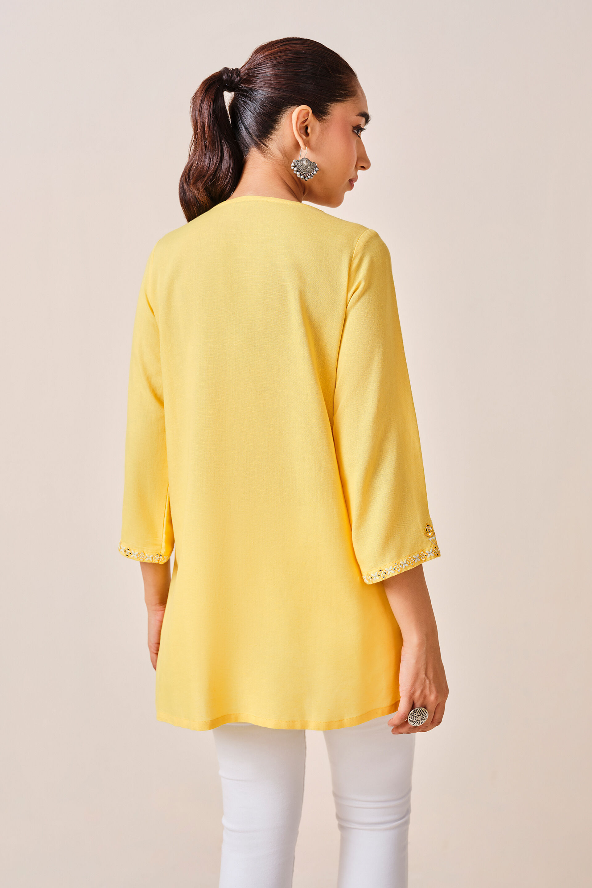 Mustard Embroidered Viscose Top, Mustard, image 5