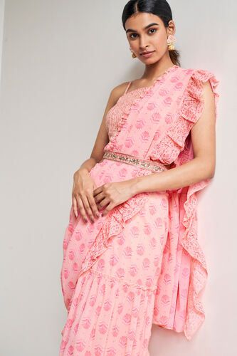 Pink Floral Fit & Flare Stitched Saree, Pink, image 4