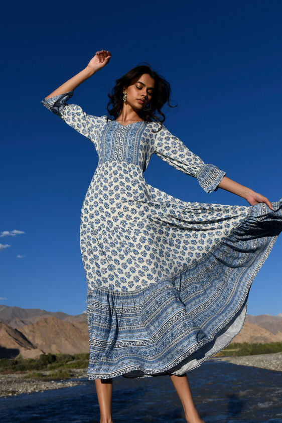Blue Floral Fit & Flare Dress, Blue, image 1
