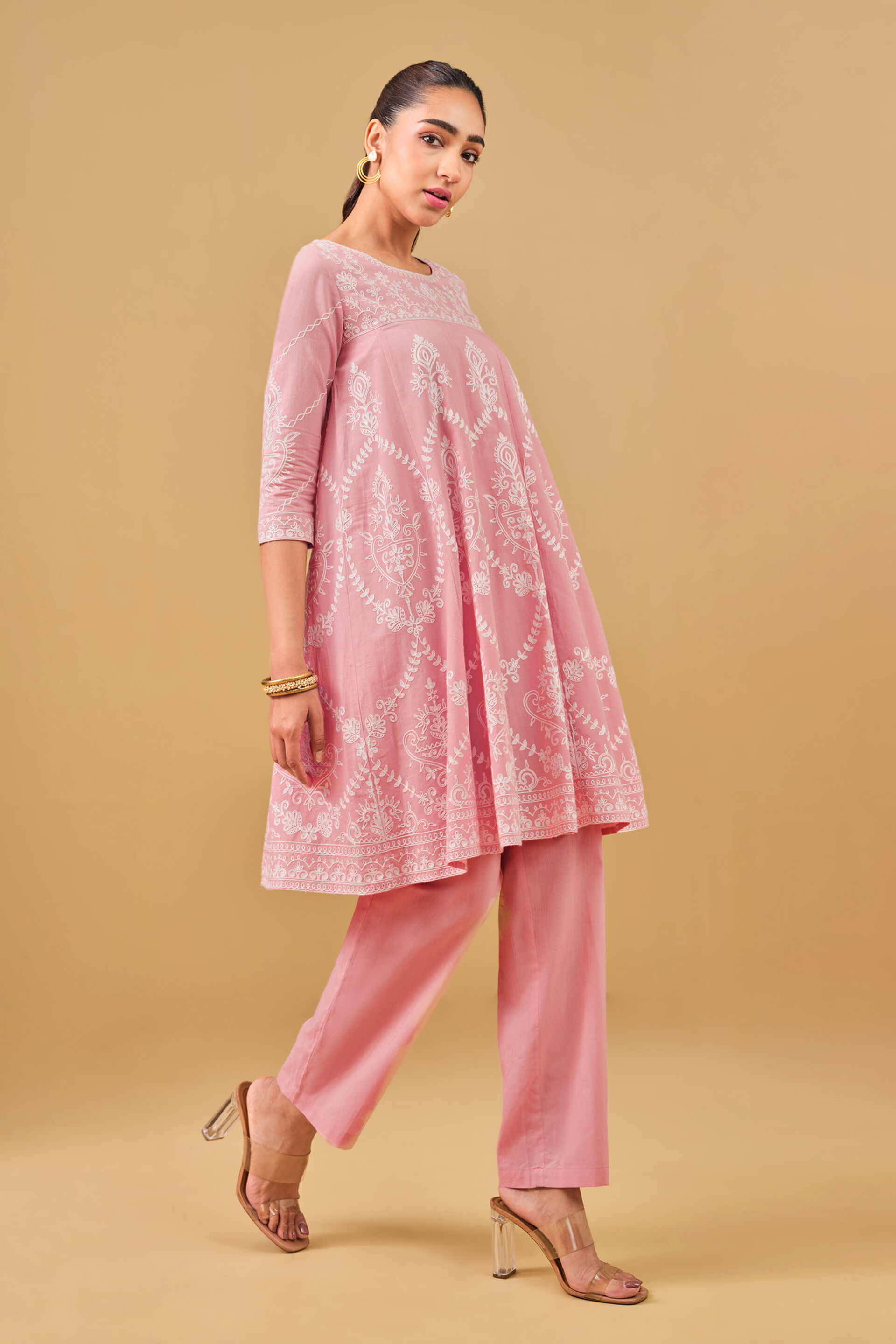 Pink Embroidered Cotton Kurta Set, Pink, image 3