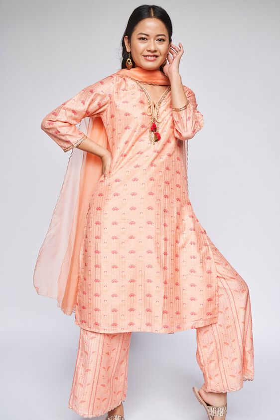 Peach Floral Straight Suit, Peach, image 3