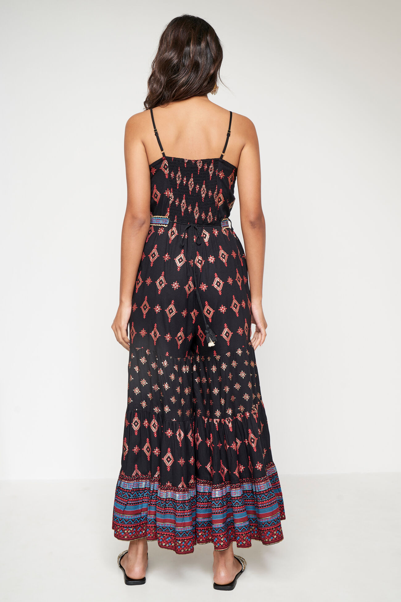 Black Foil Print Embellished Jumpsuit, Black, image 4