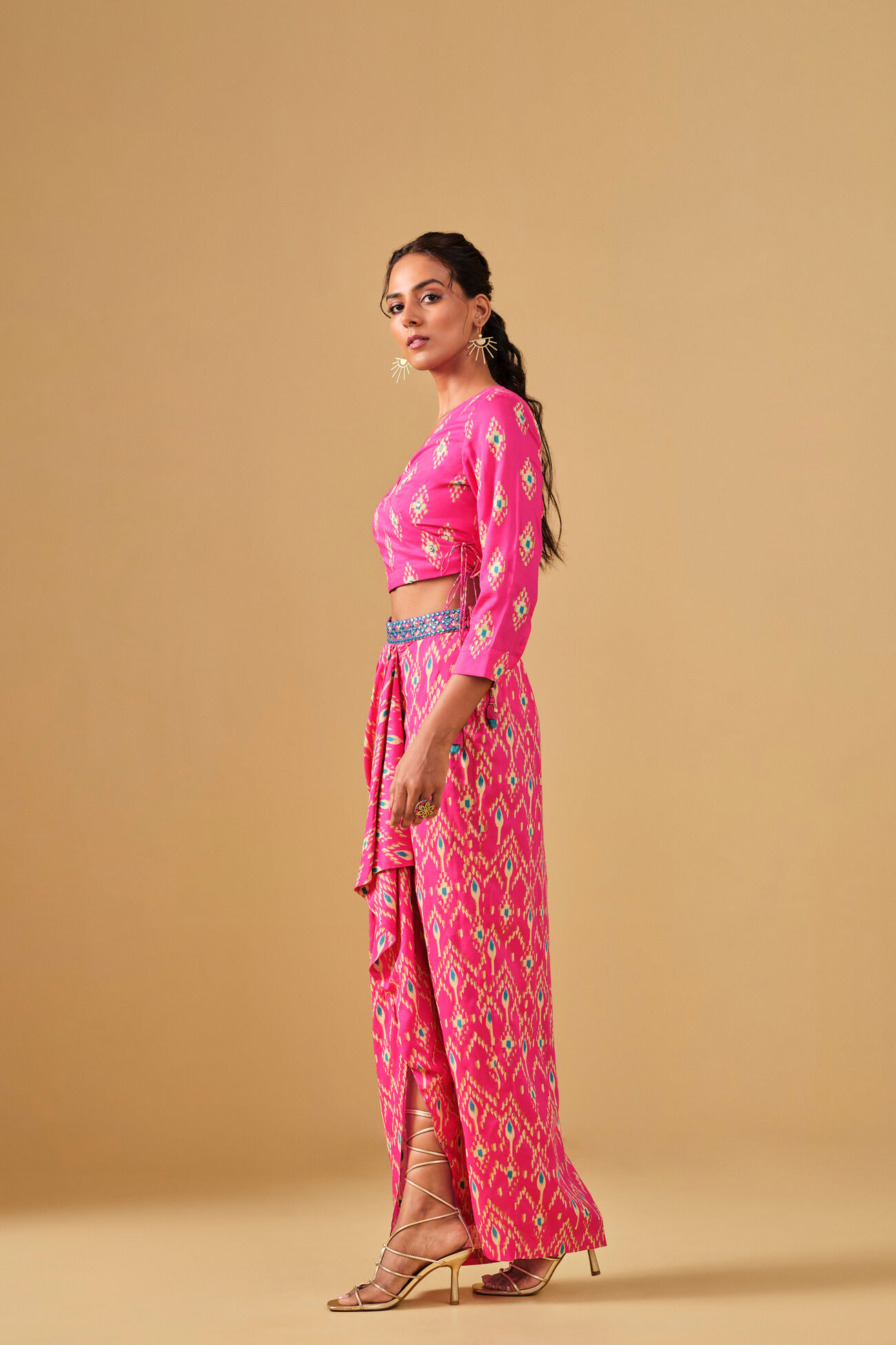 Ikat Inspired Pink Viscose Skirt Set, Pink, image 4