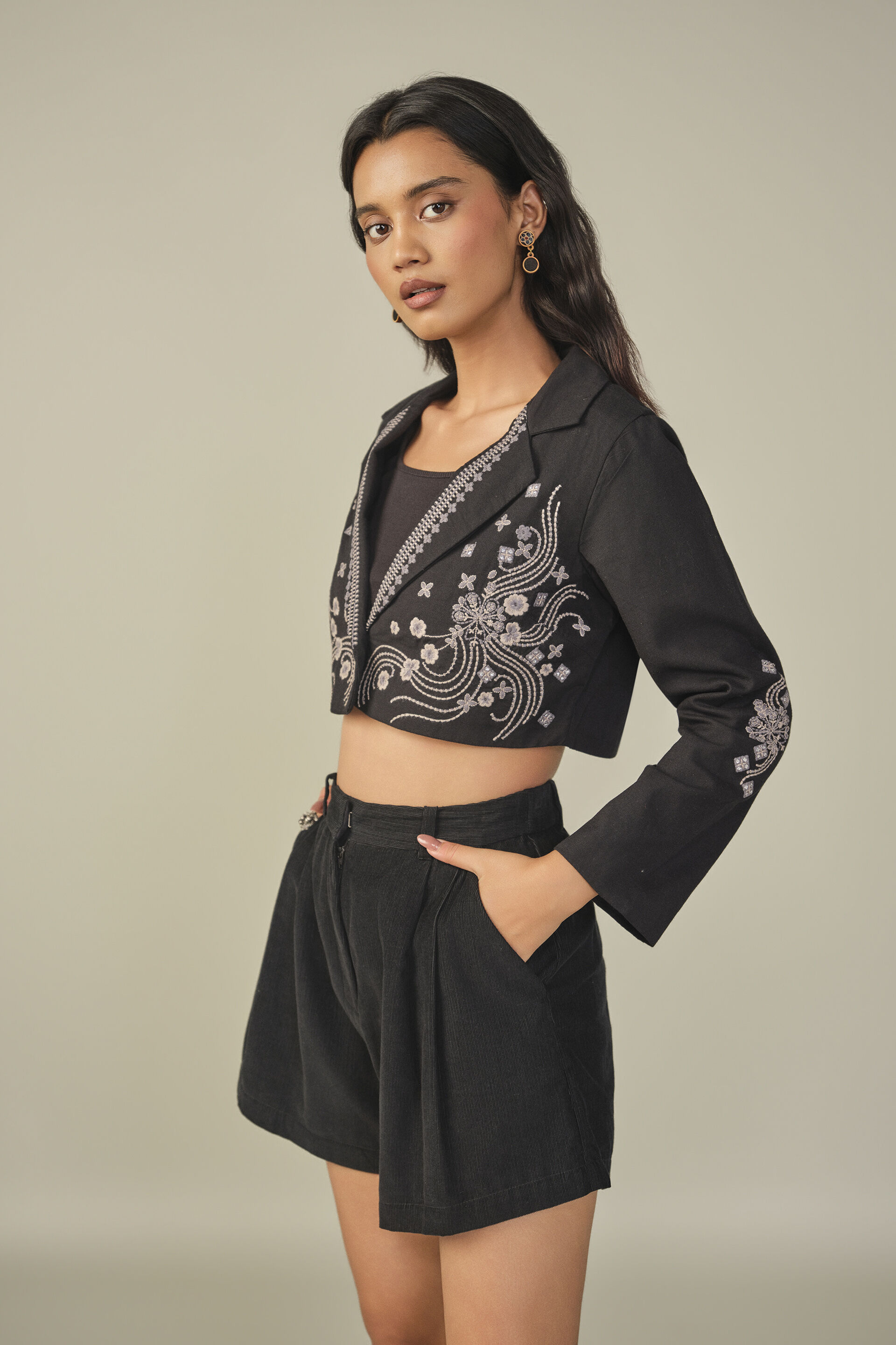 Embroidered Crop Jacket in Black, Black, image 4
