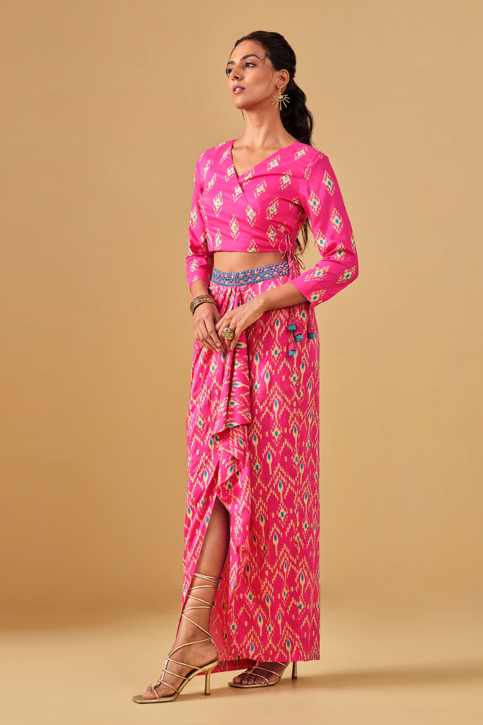 Ikat Inspired Pink Viscose Skirt Set, Pink, image 2