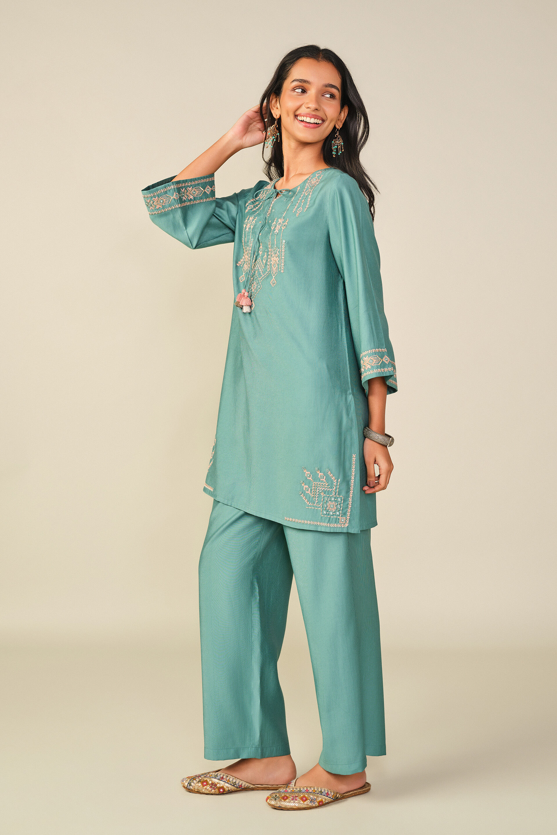 Embroidered Kurta Set in Teal, Teal, image 5