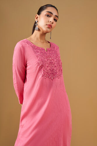 Ethnic Floral Embroidered Cotton Kurta, Coral, image 5