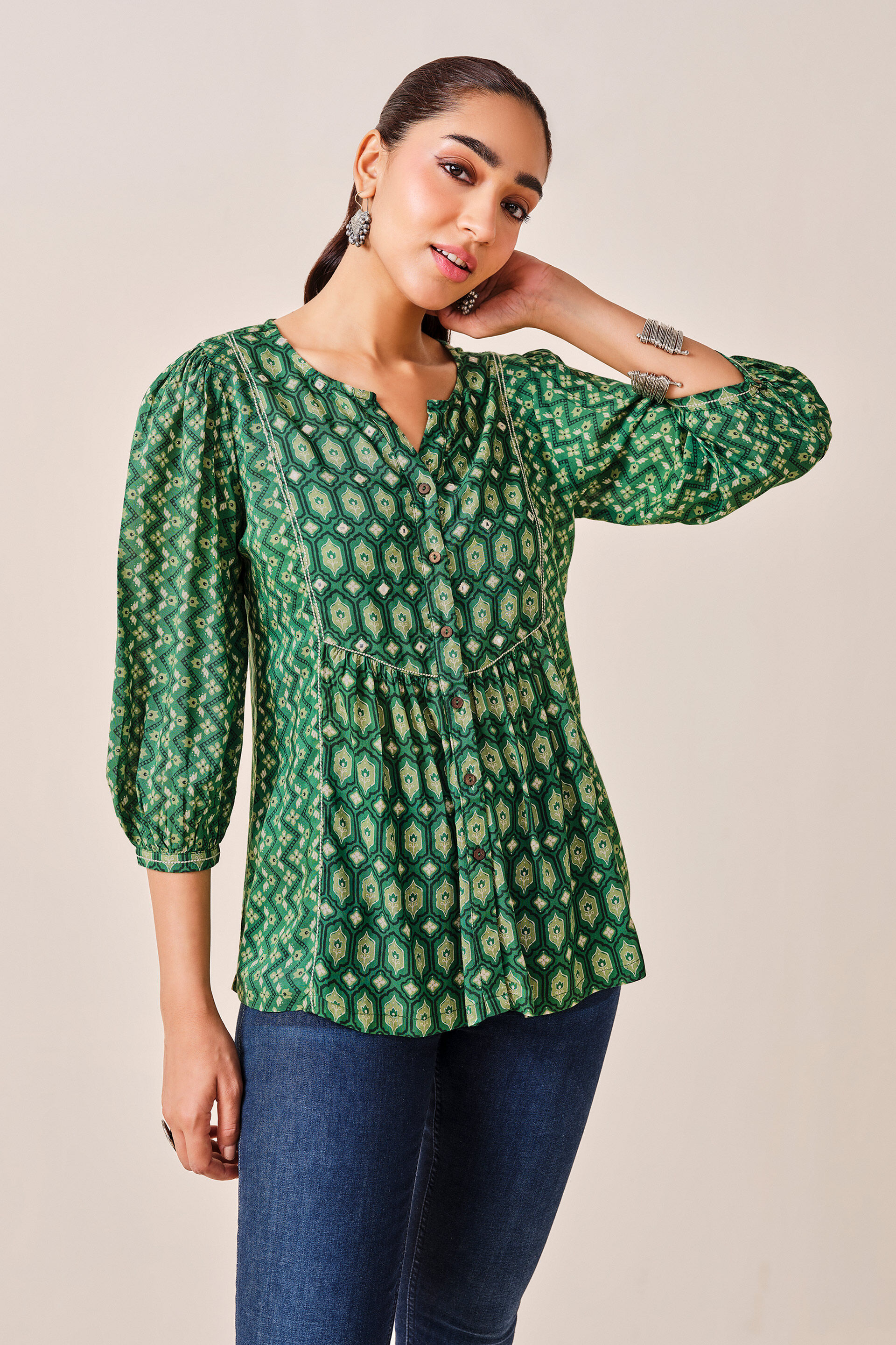 Green Floral Print Viscose Top, Green, image 2