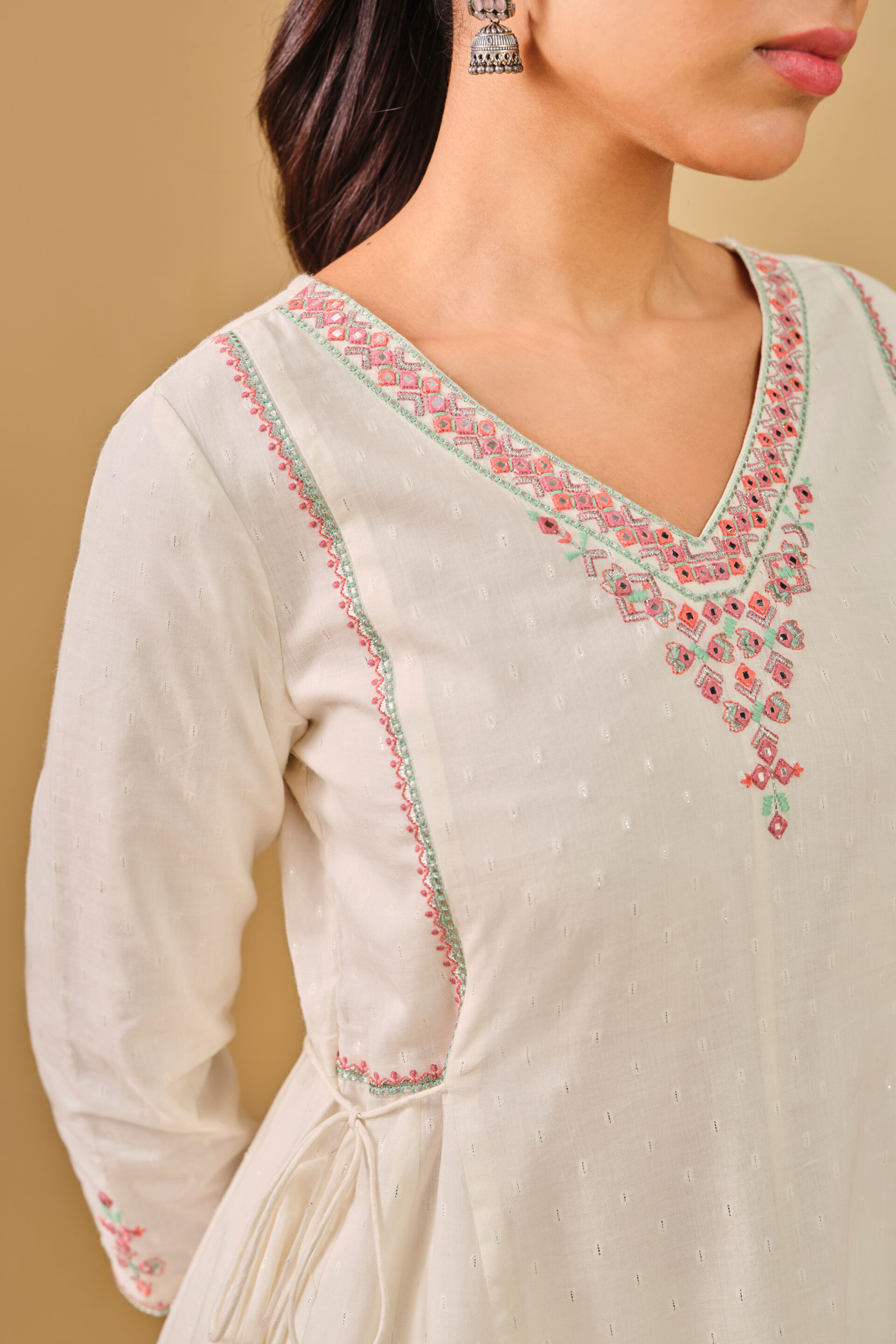 Off-white Embroidered Cotton Kurta Set, Off White, image 7