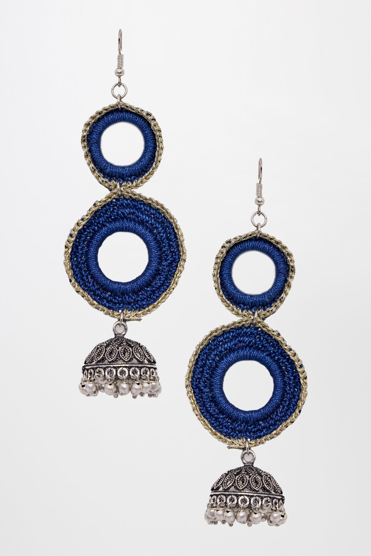 Navy Alloy Thread and Beads Earring, , image 1