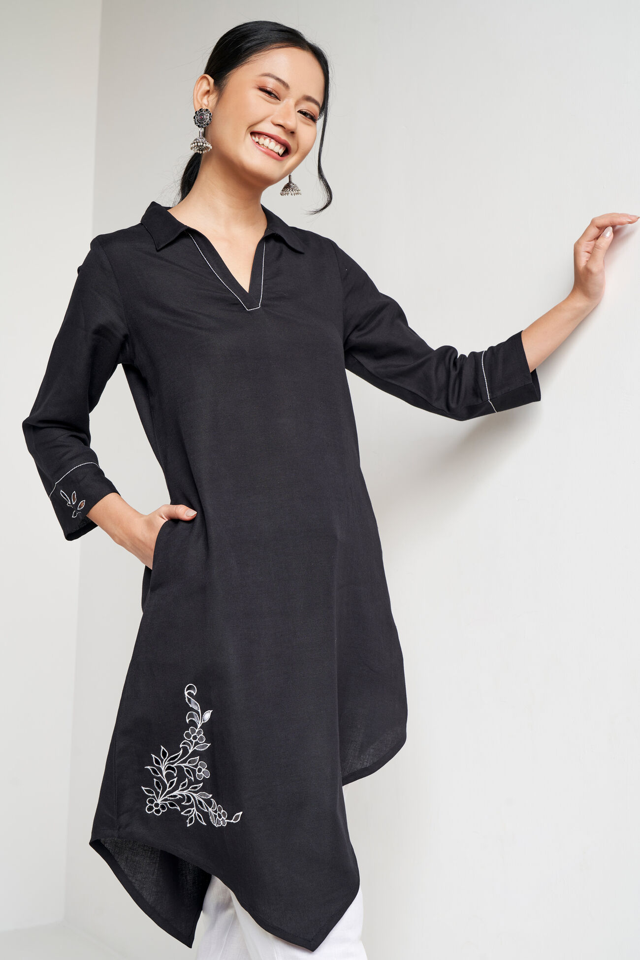 Solid Embroidered Straight Tunic, Black, image 1
